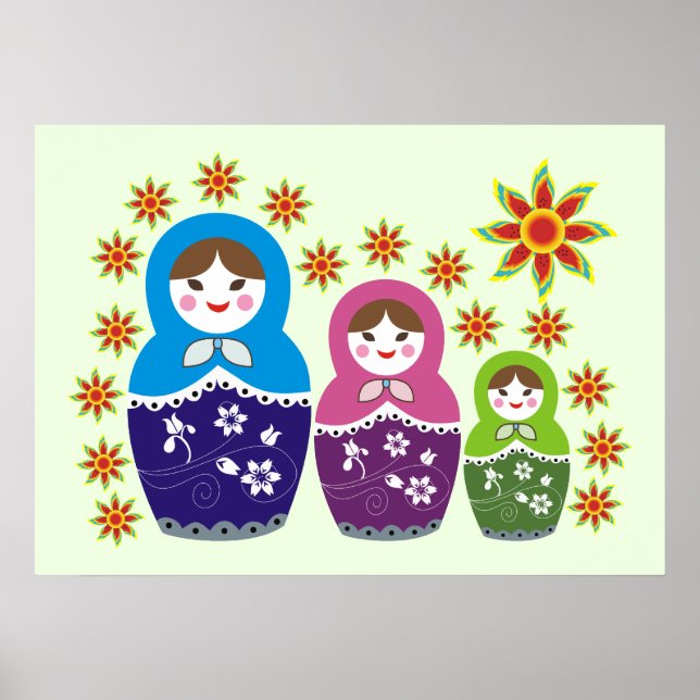 Matryoshka ryska dockor och solblommor blek grönt poster (Framsidan)