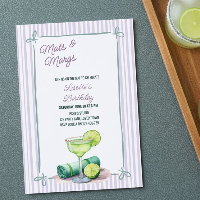 Mats och Margs Pilates Yoga Sippa och Sträcka Föde Inbjudningar (Mats & Margs fitness themed celebration invitation by Darling & May)