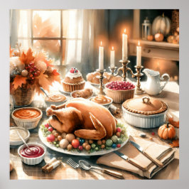 Matsalscen för Thanksgiving av vattenfärg Poster