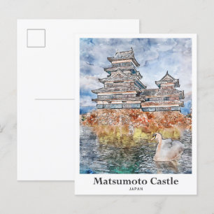 Matsumoto Castle Japan Travel Watercolor Sketch Vykort