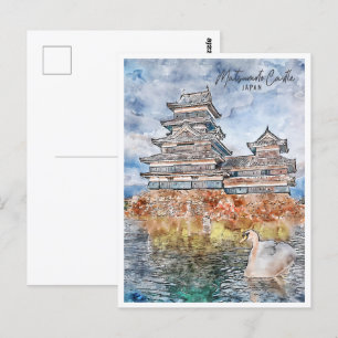 Matsumoto slott Japan Resa Plats Akvarell Vykort