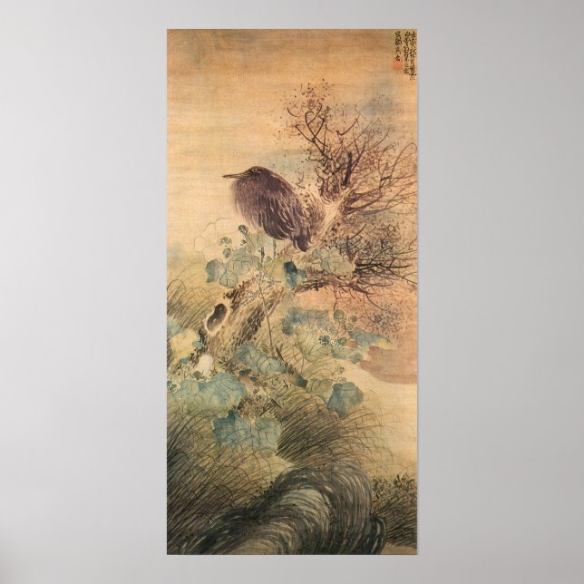 Matsumura Goshun Hibiscus och Blue Heron på Träd Poster (Framsidan)