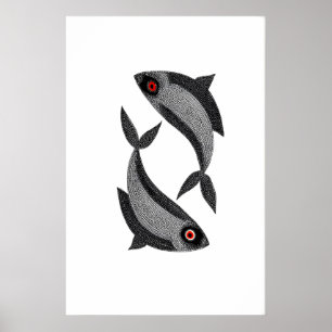 Matsya Duo konsttryck Handritad fisk, svart och Poster
