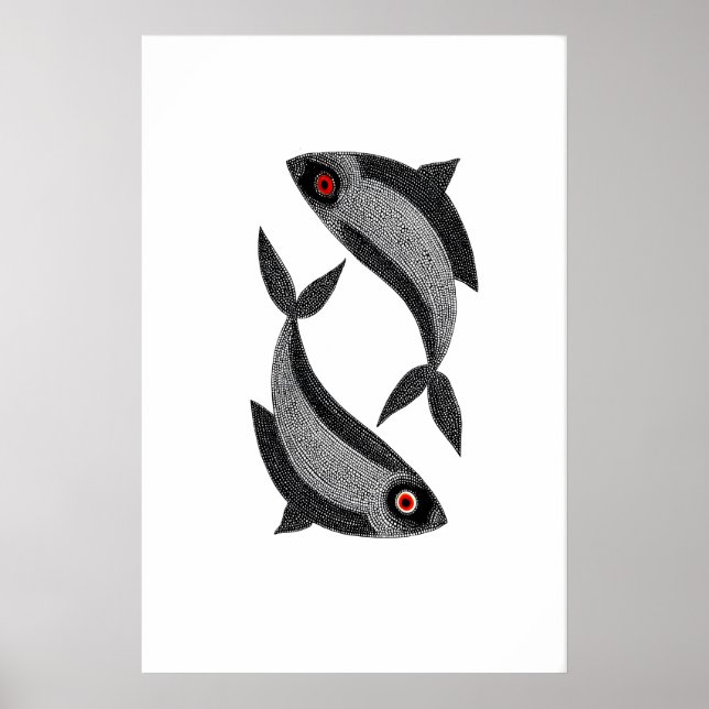 Matsya Duo konsttryck Handritad fisk, svart och Poster (Framsidan)