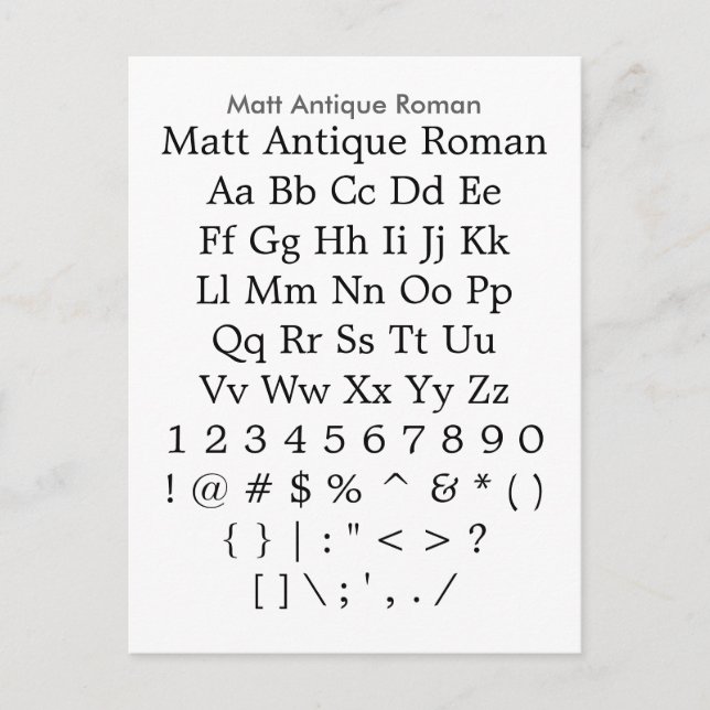Matt Antique Roman - Zazzle Font Sampler Lakan Vykort (Framsida)