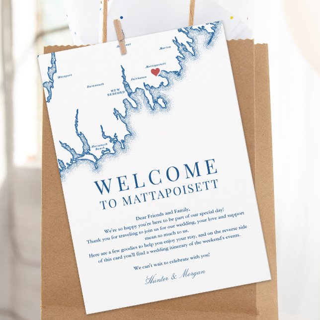 Mattapoisett MA Bröllops välkomstbrev Marinblå Tack Kort (Mattapoisett Wedding Welcome Letter, Weekend Events Itinerary elegant Navy Blue, Coastal Map Designs)