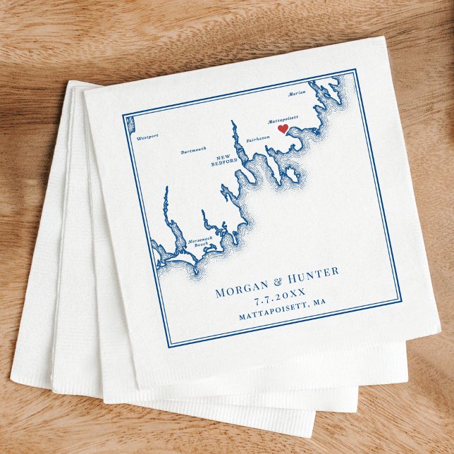 Mattapoisett MA Elegant Navy Blue Bröllop Pappersservett (Mattapoisett Wedding Cocktail Napkins in elegant navy blue by Coastal Map Designs)