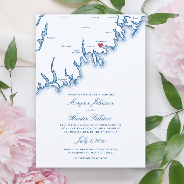 Mattapoisett MA Karta Elegant Marinblå Bröllop Inbjudningar (Mattapoisett Massachusetts Wedding Invitation in Elegant Navy Blue from Coastal Map Designs)