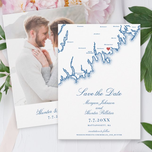 Mattapoisett MA Map Elegant Navy Blue Wedding Spara Datumet (Mattapoisett MA Wedding Save the Date with Photo in Elegant Navy Blue from Coastal Map Designs)