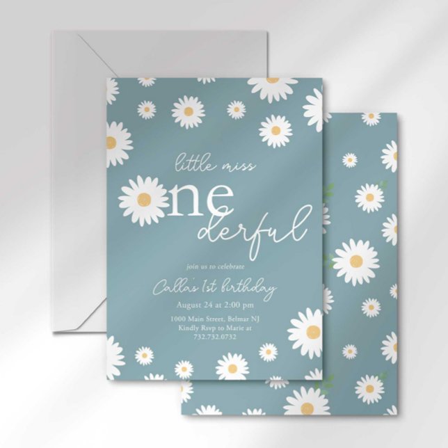 Matte Blue Daisy Little Miss Onederful Inbjudan (Skapare uppladdad)