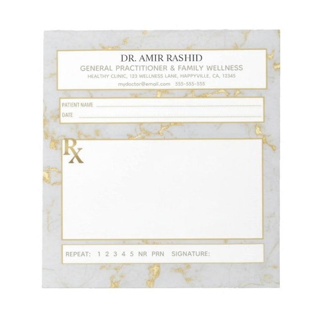 Matte Gold White Grey Marble Doctor Prescription Anteckningsblock (Framsida)