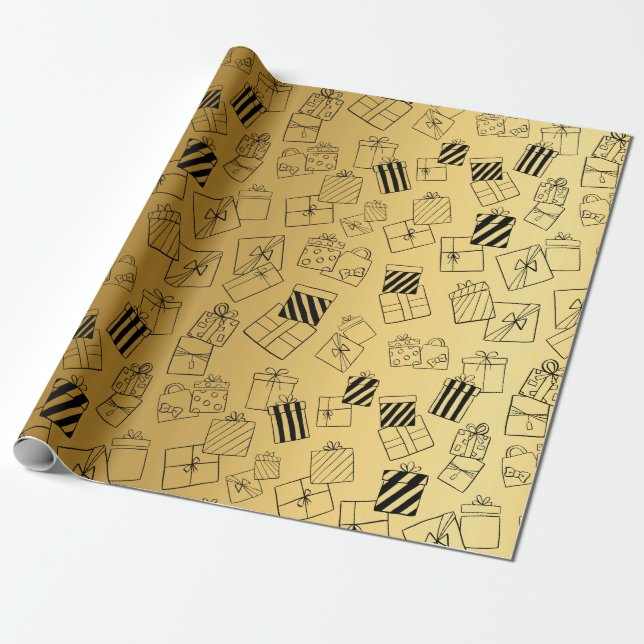 Matte guld bakgrund Renar, Snöman & Presenter Presentpapper (Utrullad)