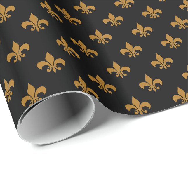 Matte Guld Fleur-de-lis på Black Presentpapper (Rullad Hörn)