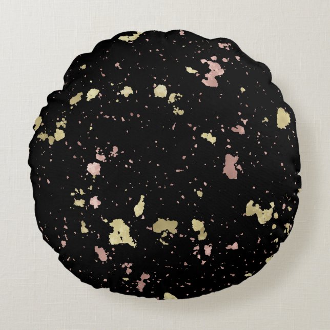Matte Guld och Ro Guld Flakes Black Rund Kudde (Framsidan)