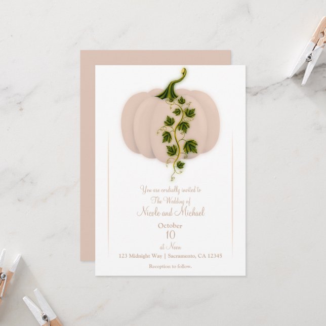 Matte Rosa Pumpkin Storybook Fall Wedding Inbjudningar (Fram/Back In Situ)