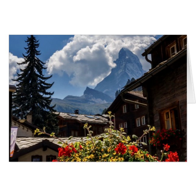 Matterhorn och Zermatt byhus, Schweitz Hälsningskort (Framsidan Horizontal)