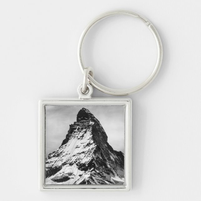 Matterhorn svartvit alperna fyrkantig silverfärgad nyckelring (Framsidan)