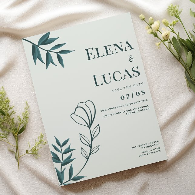 Måttgråaktig skiss över cyan abstrakt blommigt brö inbjudningar (Mint grayish cyan abstract sketch floral Wedding)