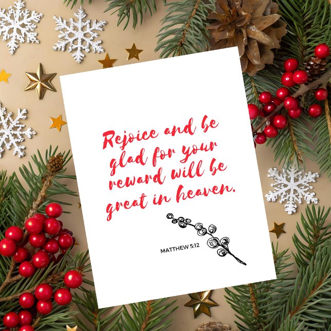 Mattheus 5:1 Skript julhälsningskort Julkort (Christmas greeting card with red typography and Matthew 5:1 Bible verse on beige festive background.)