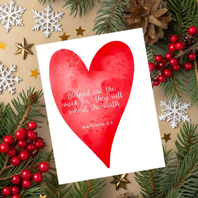 Mattheus 5:5 Skrift Julkort (Christmas greeting card with red watercolor heart and Matthew 5:3 Bible verse on white background.)