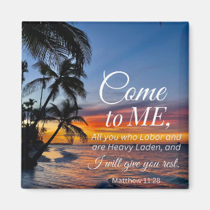 Matthew 11:28 Bible Verse Handflatan Träd Sunset Magnet