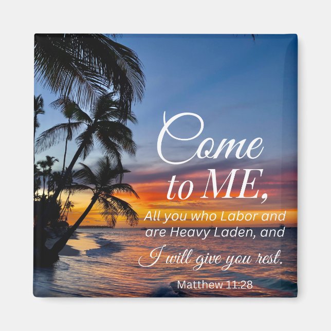 Matthew 11:28 Bible Verse Handflatan Träd Sunset Magnet (Framsidan)