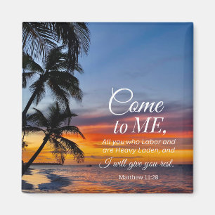 Matthew 11:28 Bible Verse Handflatan Träd Sunset Magnet