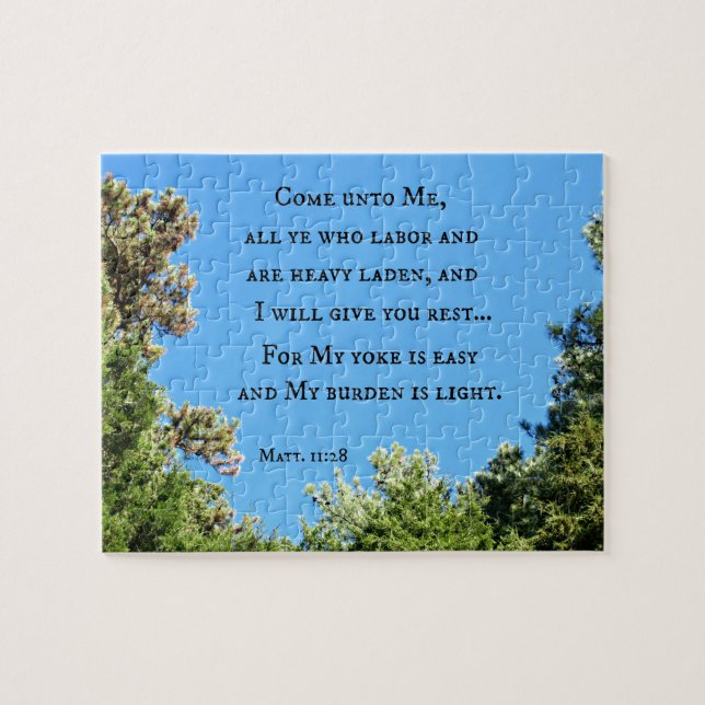 Matthew 11:28 Kom till mig alla som jobbar.... Pussel (Horisontell)