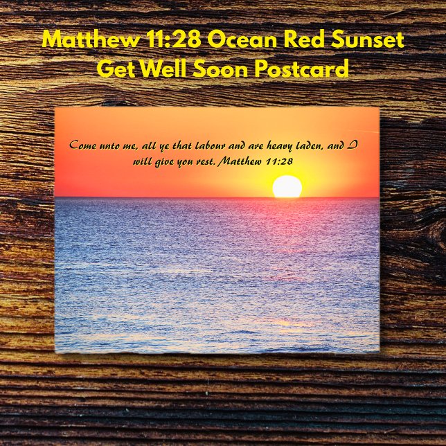 Matthew 11:28 Ocean Röd Solnedgång Önska Snart Fri Vykort (Matthew 11:28 Ocean Red Sunset Get Well Soon Postcard)