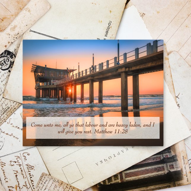 Matthew 11:28 Ocean Solnedgång Pir Kom till mig Vykort (Matthew 11:28 Ocean Sunset Pier Get Well Soon Postcard)