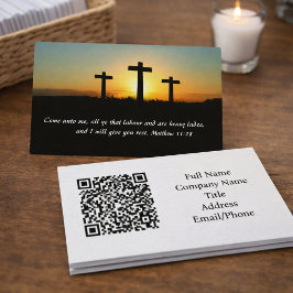 Matthew 11:28 Tre kors solnedgång QR-kod Visitkort