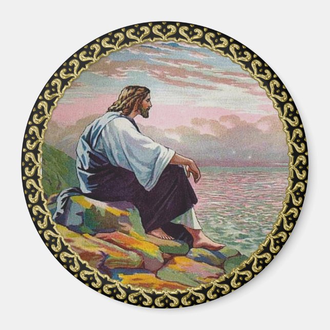 Matthew 14:22-23 Jesus Prays av Himown vid havet Magnet (Framsidan)