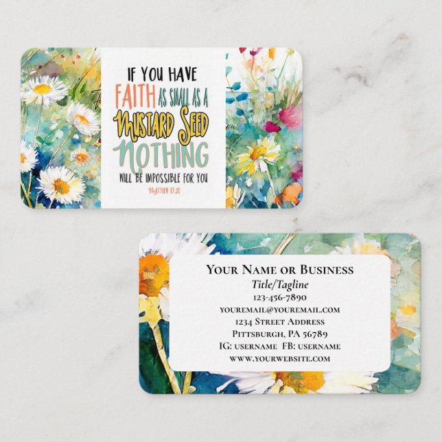 Matthew 17:20 Faith som Mustard Seed Bible Verse Visitkort (Fram/baksida)