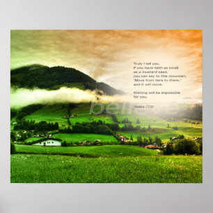 Matthew 17:20 Flytta berg bibelskuren solnedgång Poster