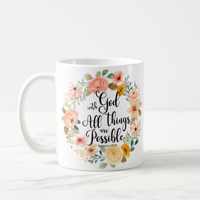Matthew 19:26 Möjlig med Blommigten Gud Scripture Kaffemugg (Vänster)