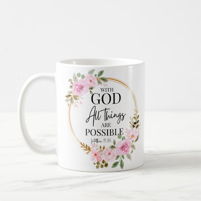 Matthew 19:26 Möjlig med Guds Rosa Blommigt Kaffemugg (Vänster)