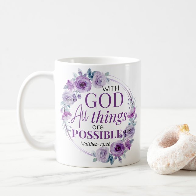 Matthew 19:26 Möjligt med Gud Lila Blommig Kaffemugg (Med munk)
