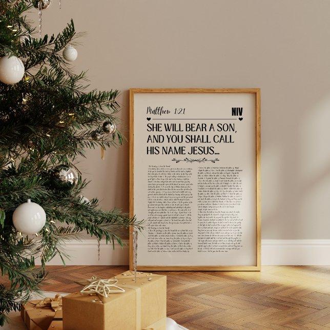 Matthew 1:21, julvägg Skriv ut Poster (A framed Christian scripture print with text from psalm Matthew 1:21 in bold black on a beige paper.)
