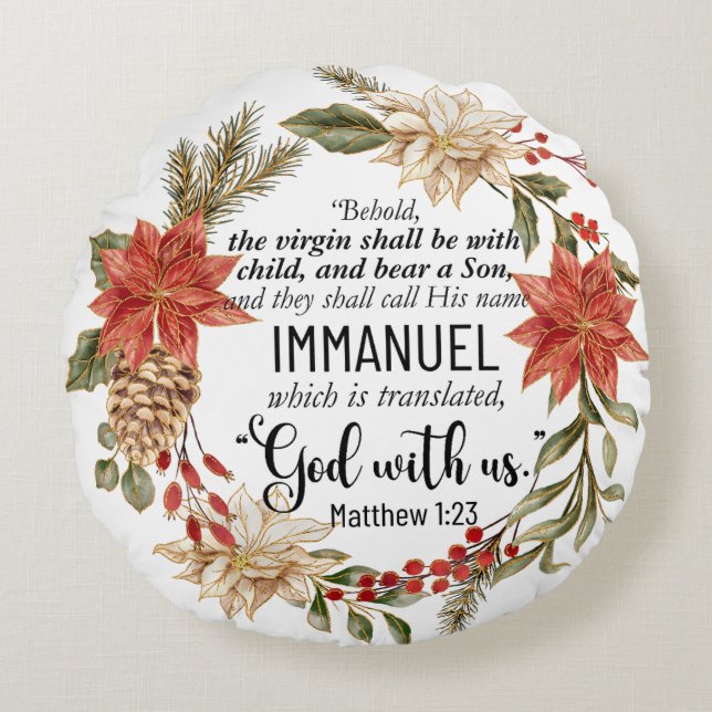 Matthew 1:23 Immanuel God med oss Julens Blommigt Rund Kudde (Framsidan)