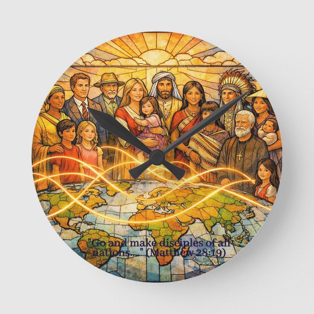 Matthew 28:19 Stained‑Glass Discipleship Clock Rund Klocka (Framsida)