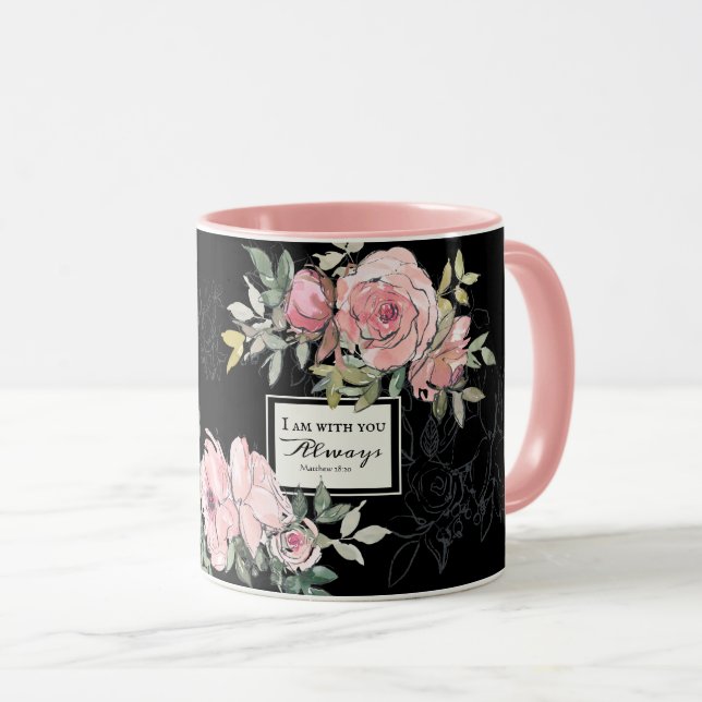 Matthew 28:20 Jag är med dig alltid Rosa Flowers Mugg (Framsida höger)