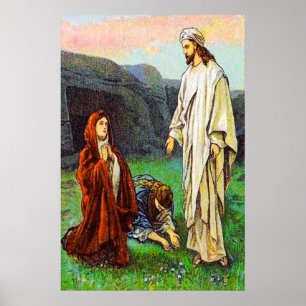 Matthew 28:8-10 Kvinnor ser Jesus poster
