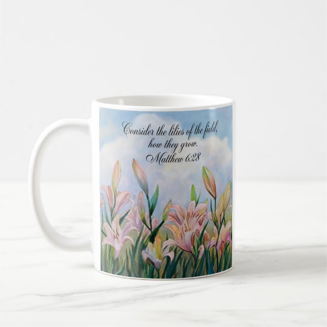 Matthew 6:28 Watercolor Lilies Kaffemugg (Vänster)