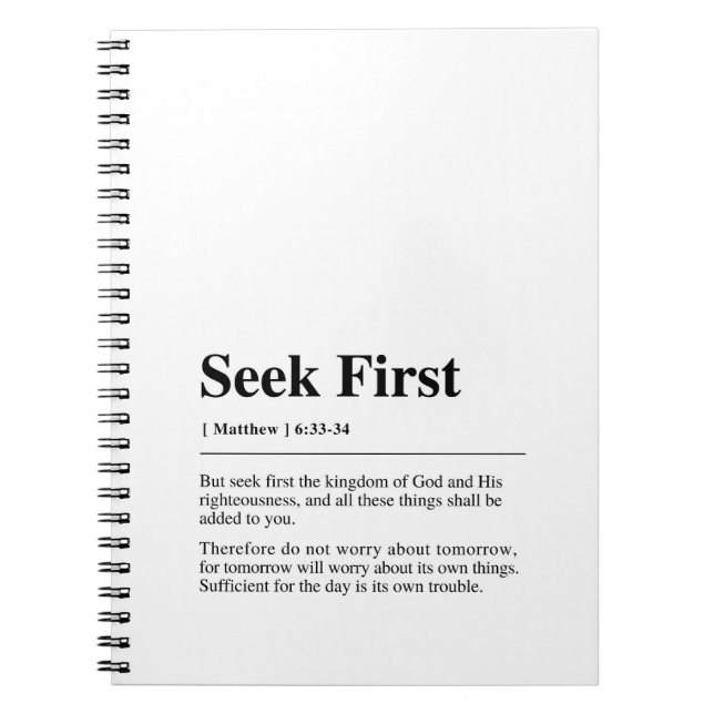 Matthew 6:33-34 Seek First Anteckningsbok (Framsidan)