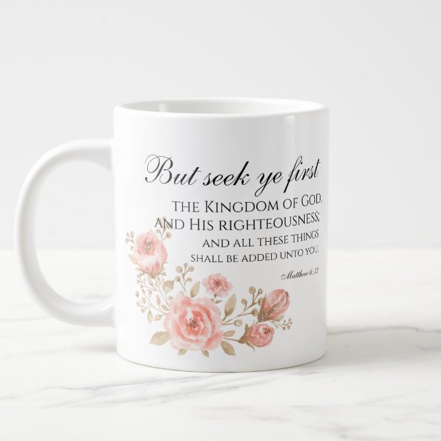 Matthew 6:33 Sök efter första Blommigtens skript Jumbo Mugg (Vänster)