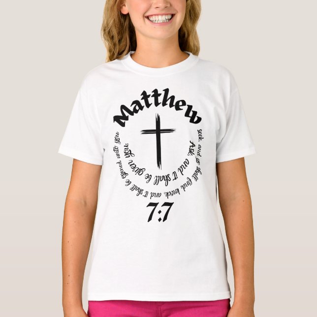 Matthew 7:7, cirkelformad bibelbläck och mittpunkt t shirt (Framsida)
