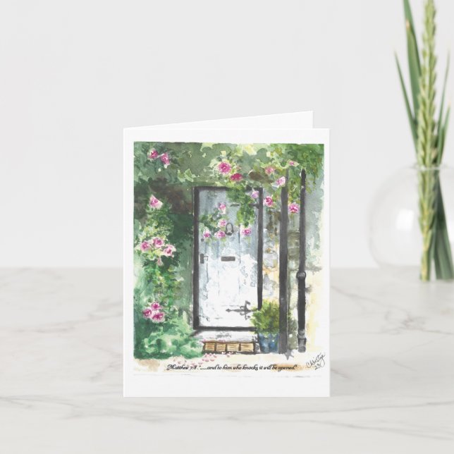 Matthew 7:8 Notecard.. "Till honom som knackar... Tack Kort (Framsida)