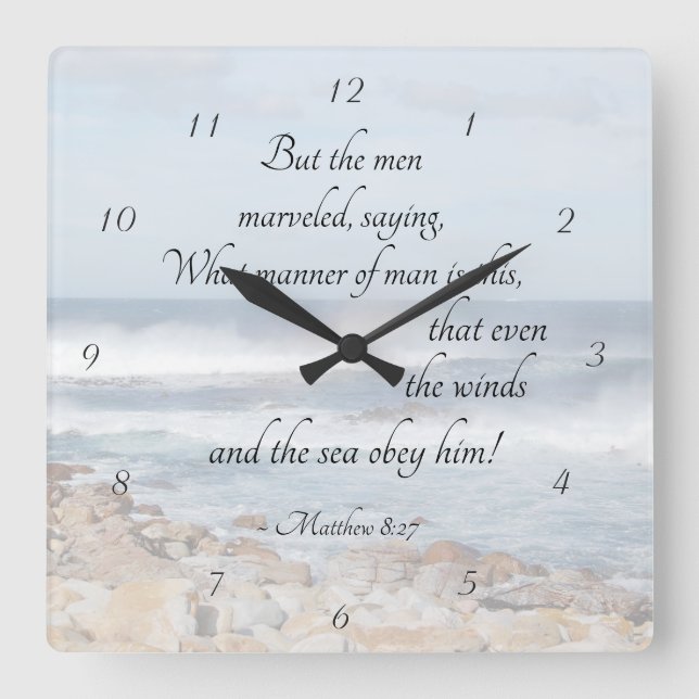 Matthew 8:27 Jesus lugnar stormen, Bible Verse Fyrkantig Klocka (Framsida)