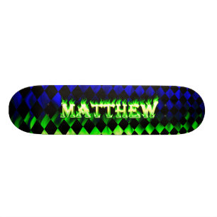 Matthew skateboard grön eld och flammor design. bräda 20 cm