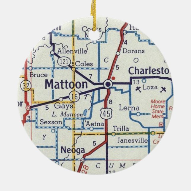 Mattoon IL Vintage Karta Julgransprydnad Keramik (Baksidan)